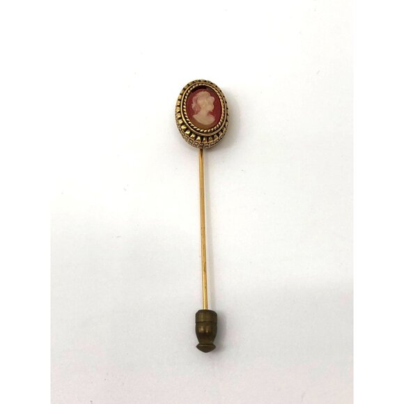 Cameo Stick Pin Brooch Gold Tone Pink White Vintage - Picture 1 of 4